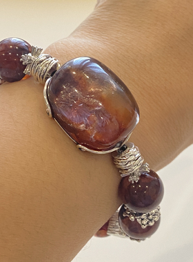 天然红胶花魔盒单圈手链女925银牛血红胶花手串女友闺蜜生日礼物