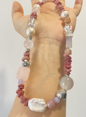 【烬颜】一物一拍 天然紫玉晶水晶巴洛克珍珠干枯玫瑰项链毛衣链