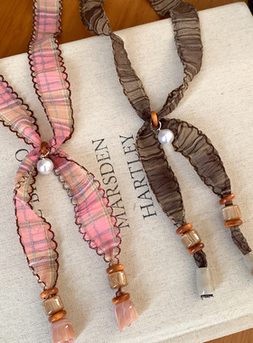 复古棕色腰果花串珠丝巾项链女高级感小众时尚百搭系脖配饰毛衣链