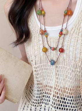 民族风彩色陶瓷长款叠戴项链