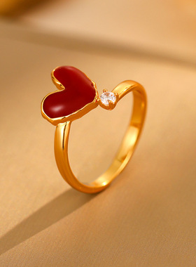 安哥拉红色滴油开口戒指女复古气质个性食指戒时尚轻奢感首饰