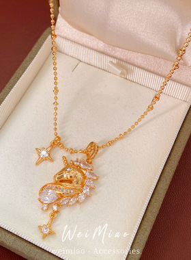 18k真金电镀镶锆石芒星小马项链轻奢小众锁骨链精致气质项饰