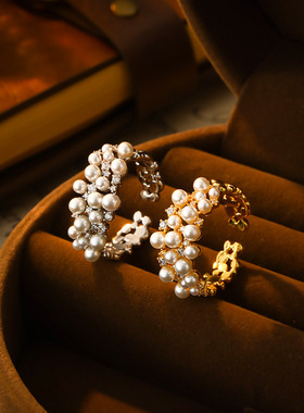 法式轻奢风镶锆珍珠戒指优雅气质可调节开口戒百搭气质个性设计款