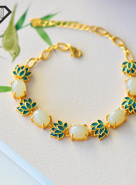 天然和田玉莲花S925银新中式复古手链女古法金工艺珐琅小众手饰品