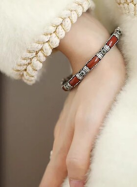 925银新中式无事牌手镯子南红开口复古典民族风女镂空小众感