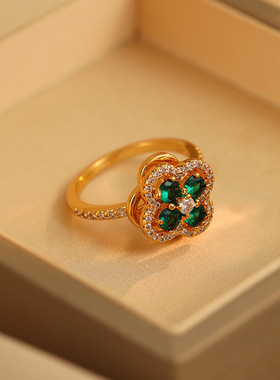 旋转锆石绿色四叶花戒指女轻奢百搭设计感开口大小可调节戒指