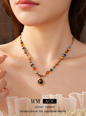 中古vintage钛钢吊坠项链波西米亚锁骨链复古民族风饰品女感