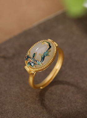 新款轻奢S925纯银镀金景泰蓝和田玉中国风藤蔓女士戒指耳钉手链吊