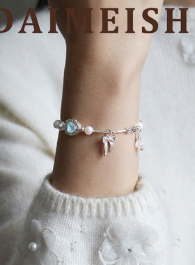 日韩新款时尚精致百搭淡水珍珠蝴蝶结爱心手链手串轻奢感手饰