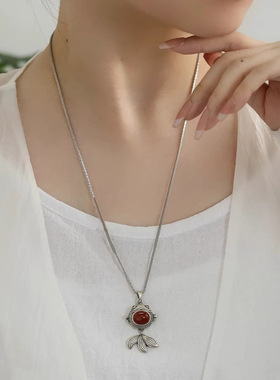 925银复古新中式好运小胖鱼锦鲤吊坠挂件项链南红玛瑙感