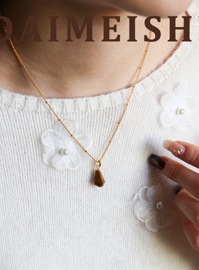 原创秋冬美拉德复古简约不规则虎眼石吊坠项链轻奢感锁骨链女