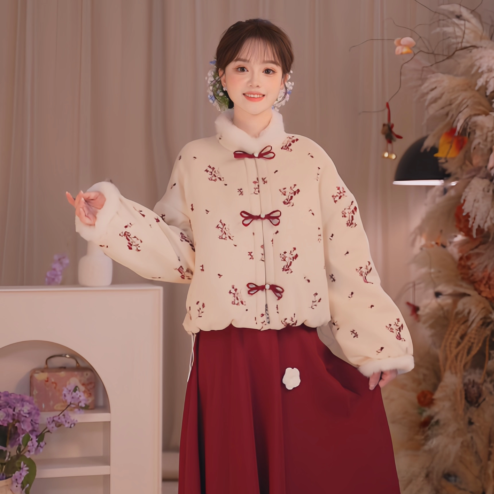 瑶西【红枝暮雪】正版原创冬季厚款外套立体手工花加绒女半裙套装,淘宝优惠券,粉丝福利购,淘宝优惠卷