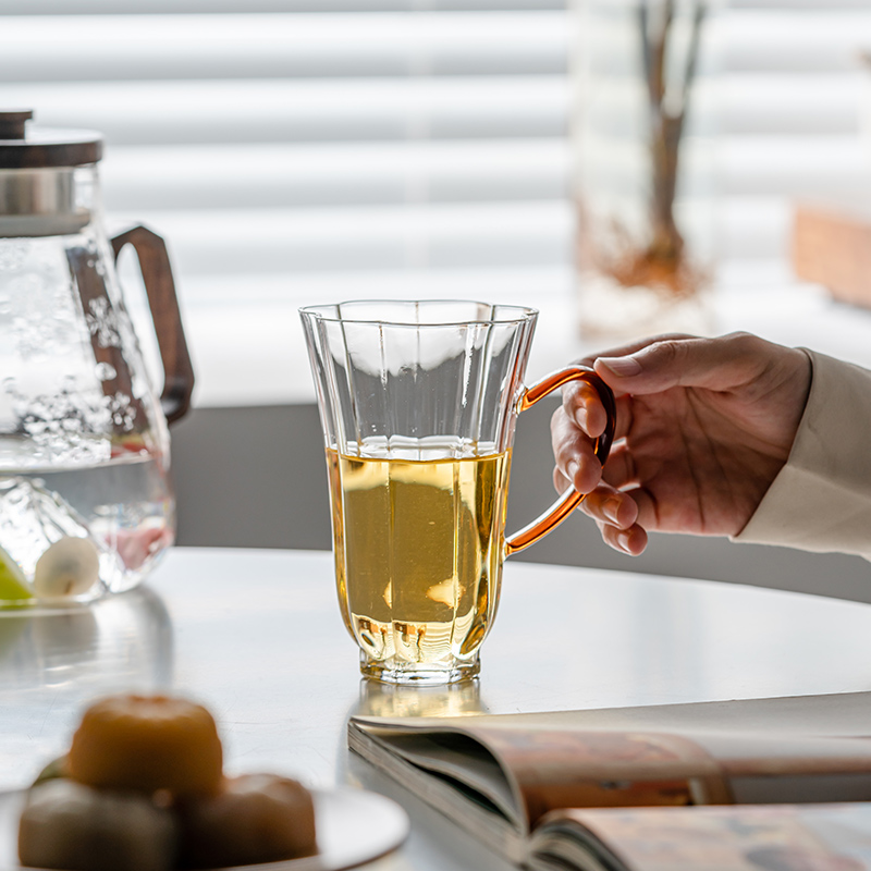 风铃花边绿茶杯高级泡茶水杯女士花茶玻璃杯带把手耐高温杯子专用-图1