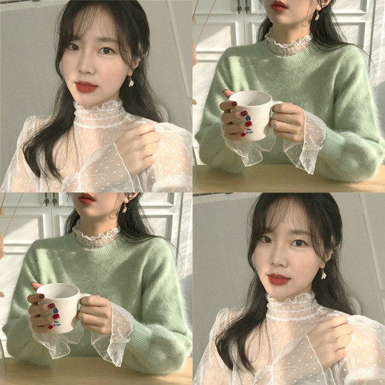 大码胖mm长袖蕾丝打底衫女内搭小衫秋冬新款百搭荷叶边网纱上衣潮