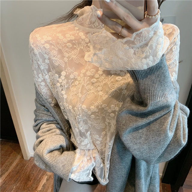 Temperament fairy inner lace shirt women's autumn and winter new size fat mm trumpet long-sleeved mesh bottoming plus velvet top