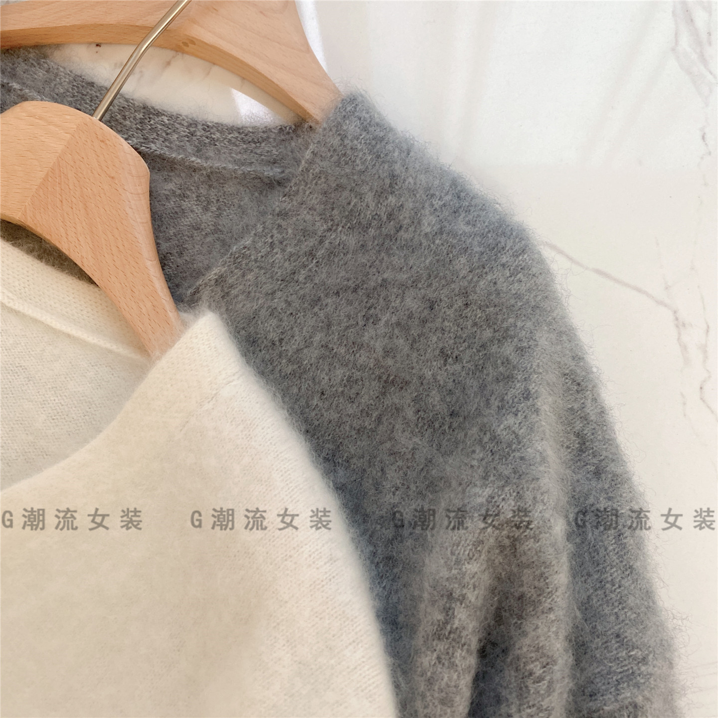 高端品质感轻盈保暖宽松直筒V领山羊绒羊毛衫拉毛开衫外套女秋冬 - 图0