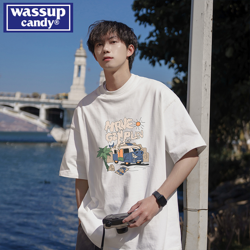 wassup candy短袖T恤男款夏季潮牌纯棉衣服宽松重磅cityboy体恤衫 - 图2