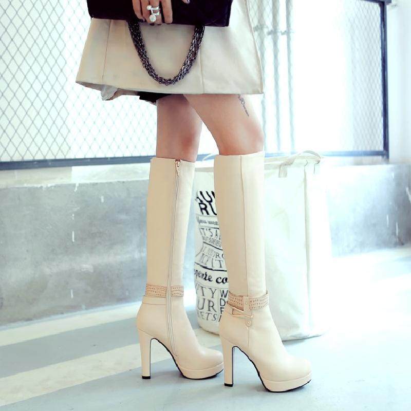 欧美时尚高跟高筒靴女 粗跟厚底骑士靴女靴子秋冬款圆头白色长靴,淘宝优惠券,粉丝福利购,淘宝优惠卷