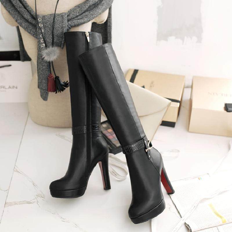 欧美时尚高跟高筒靴女 粗跟厚底骑士靴女靴子秋冬款圆头白色长靴,淘宝优惠券,粉丝福利购,淘宝优惠卷