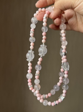 发财妮妮 粉贝天然石粉水晶手串多圈温柔清新少女感手链