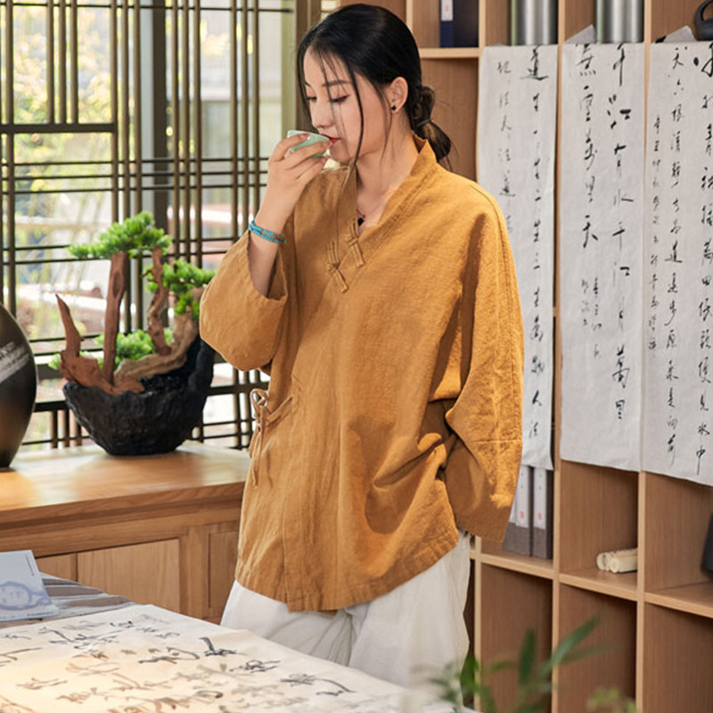 春夏中国风棉麻汉服v领系带上衣女文艺斜襟盘扣复古禅意茶服衬衫