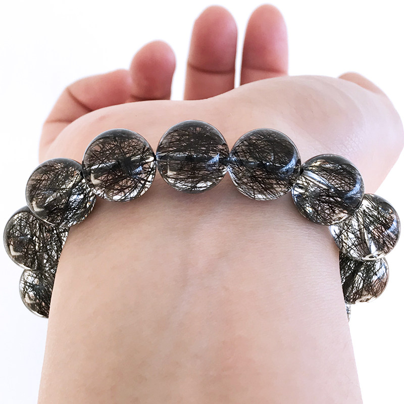 直播珍藏级密顺发蕾丝天然巴西黑发晶手链男女黑水晶黑网状发手串