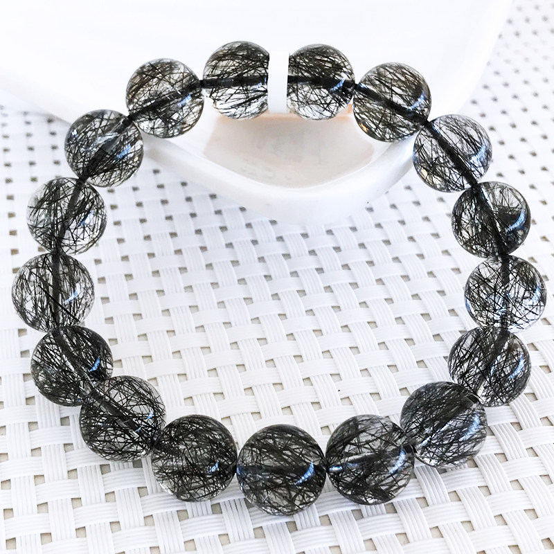 直播珍藏级密顺发蕾丝天然巴西黑发晶手链男女黑水晶黑网状发手串