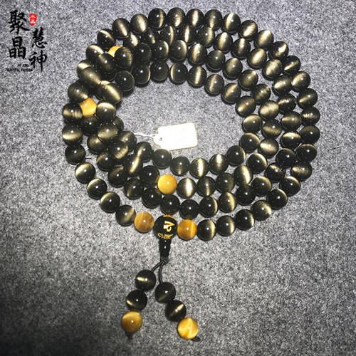 一物一图天然金曜石猫眼手链108颗佛珠多圈弧形猫眼石黑曜石手串 - 图2