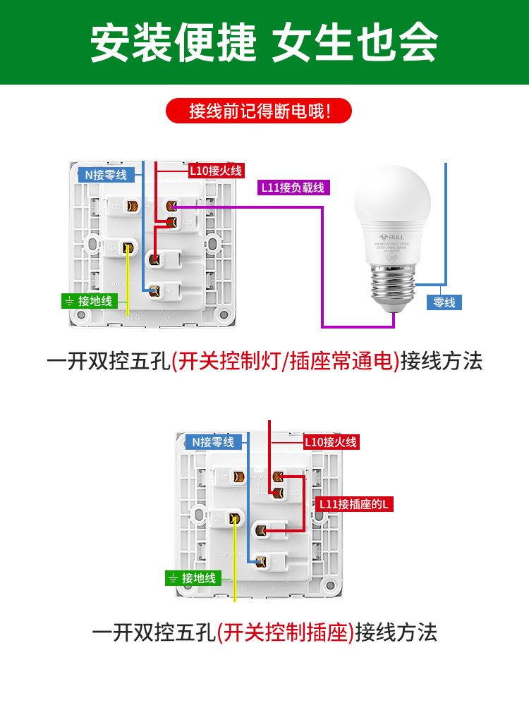 公牛开关插座面板单一开双控五孔二三插家用墙壁式暗线装10A电源