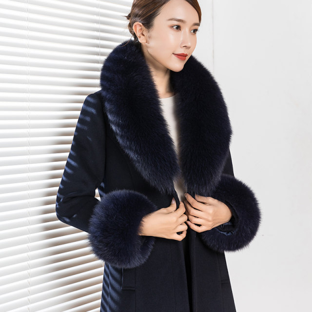 秋冬狐狸毛领羊绒羊毛大衣女修身显瘦中长款过膝时尚羊毛呢子外套