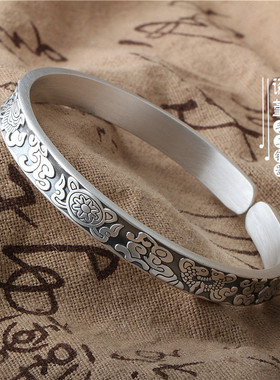 吉祥八宝开口女款复古足银手镯