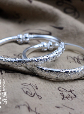 吉言银手镯999足银男女手工定制南瓜实心情侣古法锤纹银手镯南瓜