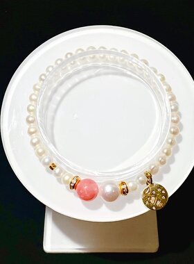 玥羽珠宝原创设计红纹石珍珠手链银饰时尚轻奢单圈淡水珍珠手串女