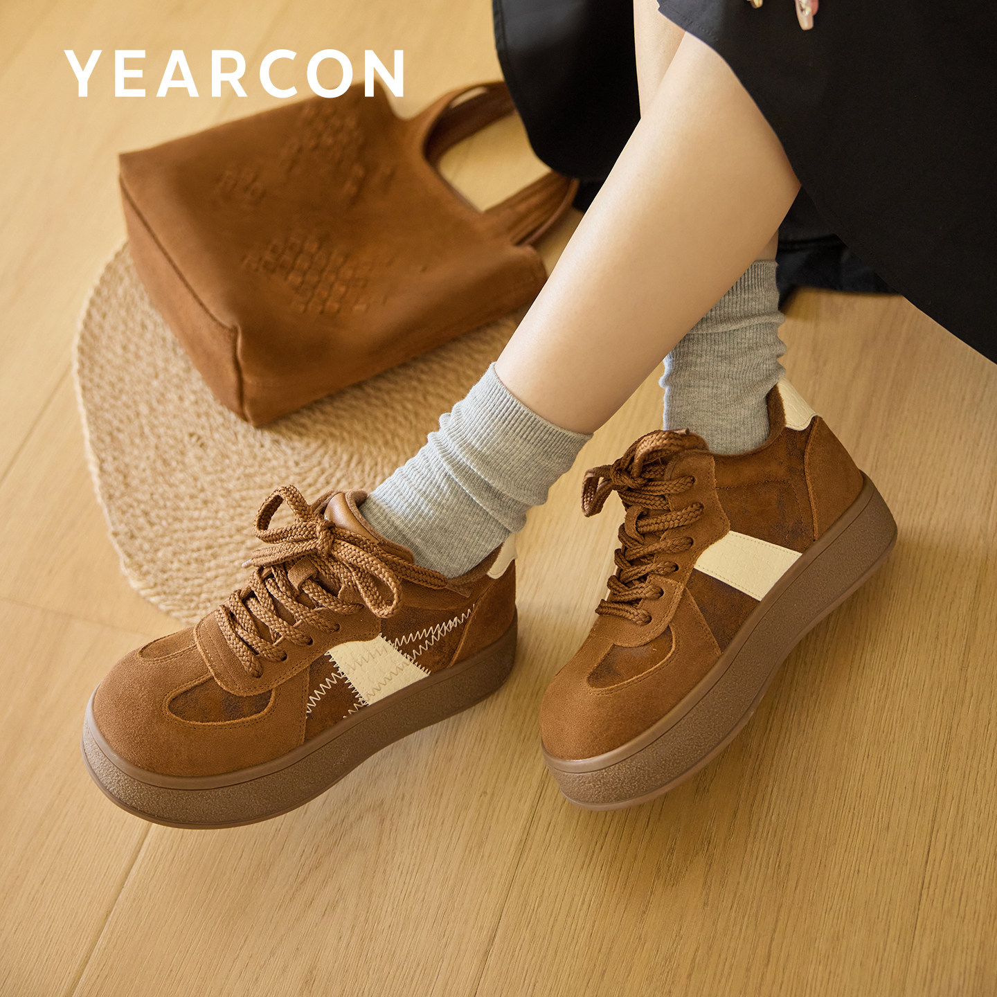 意尔康加绒保暖德训鞋女厚底增高2025冬新款复古棕色棉鞋休闲板鞋,淘宝优惠券,粉丝福利购,淘宝优惠卷