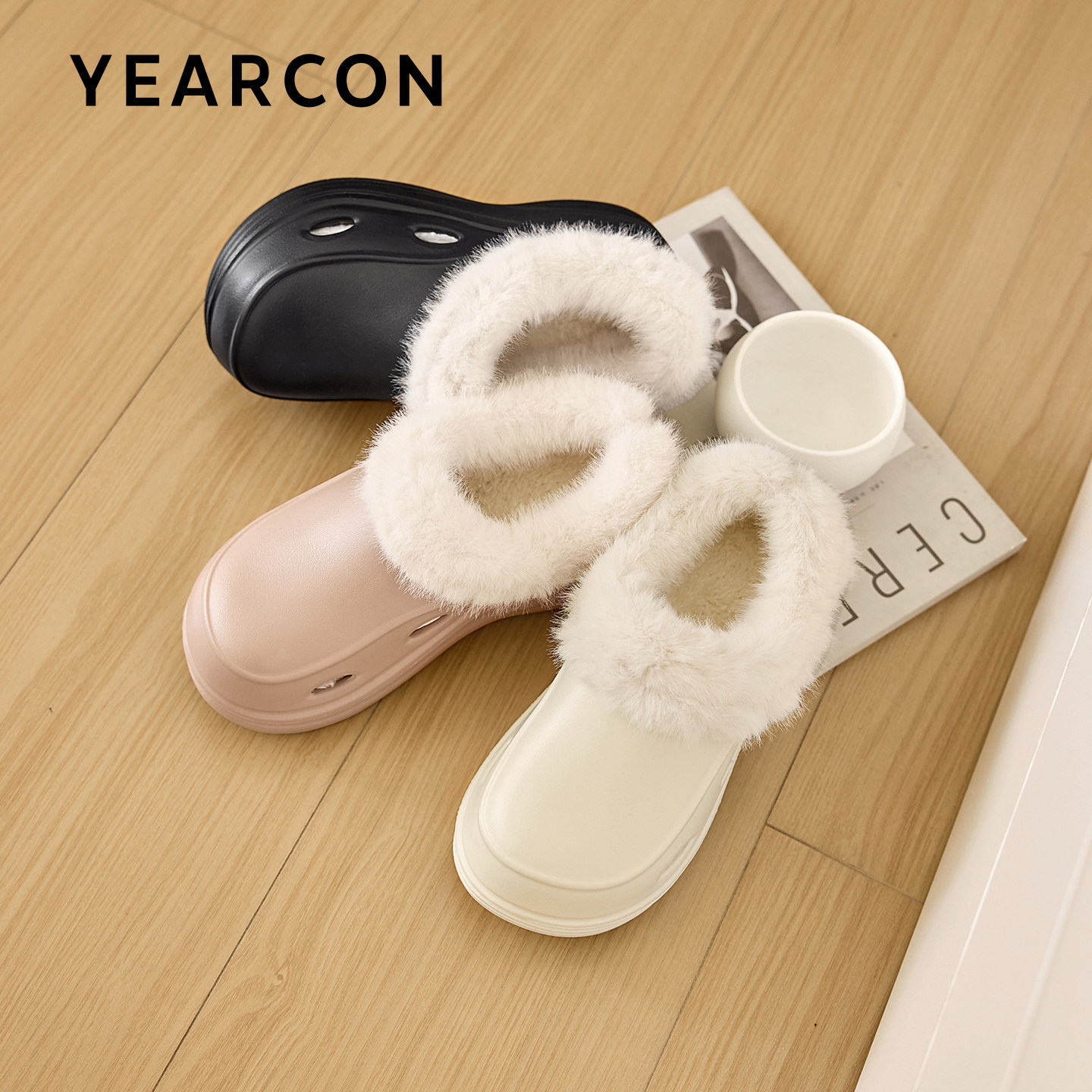 意尔康毛毛拖鞋女士外穿2025秋冬新款室内家居加绒厚底洞洞棉拖鞋,淘宝优惠券,粉丝福利购,淘宝优惠卷