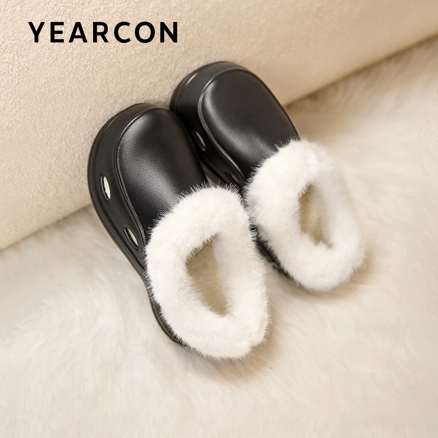 意尔康毛毛拖鞋女士外穿2025秋冬新款室内家居加绒厚底洞洞棉拖鞋,淘宝优惠券,粉丝福利购,淘宝优惠卷