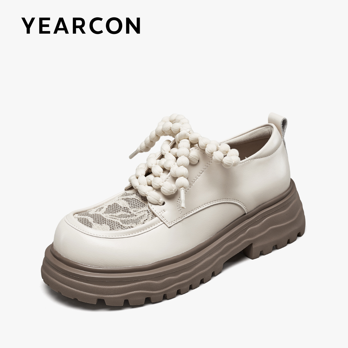 意尔康蕾丝网面小皮鞋女2025春秋款深口系带单鞋厚底增高jk乐福鞋 - 图0