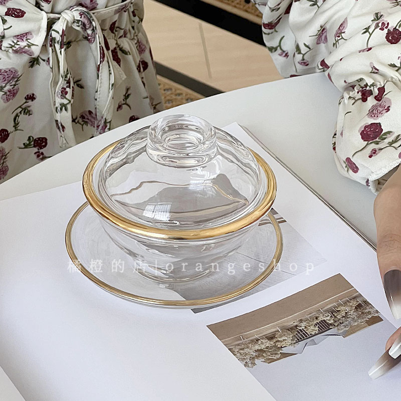 燕窝盅带盖玻璃碗点心甜品碗套装碗透明家用中式碗碟套装金边耐热 - 图1