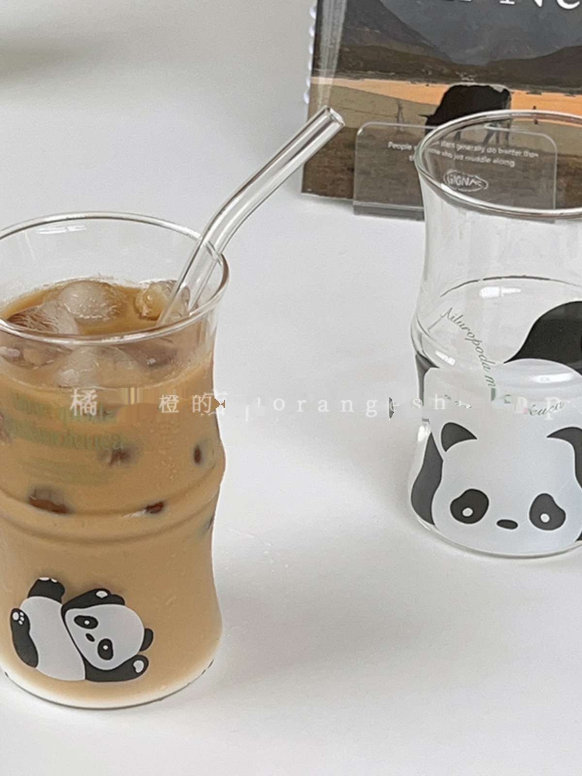 橘橙*ins风可爱卡通熊猫宝宝竹节杯家用玻璃水杯奶茶杯饮料杯 - 图1