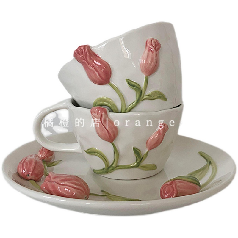 橘橙*ins立体浮雕郁金香餐具简约陶瓷碗碟杯子高颜值甜品韩式装饰 - 图3