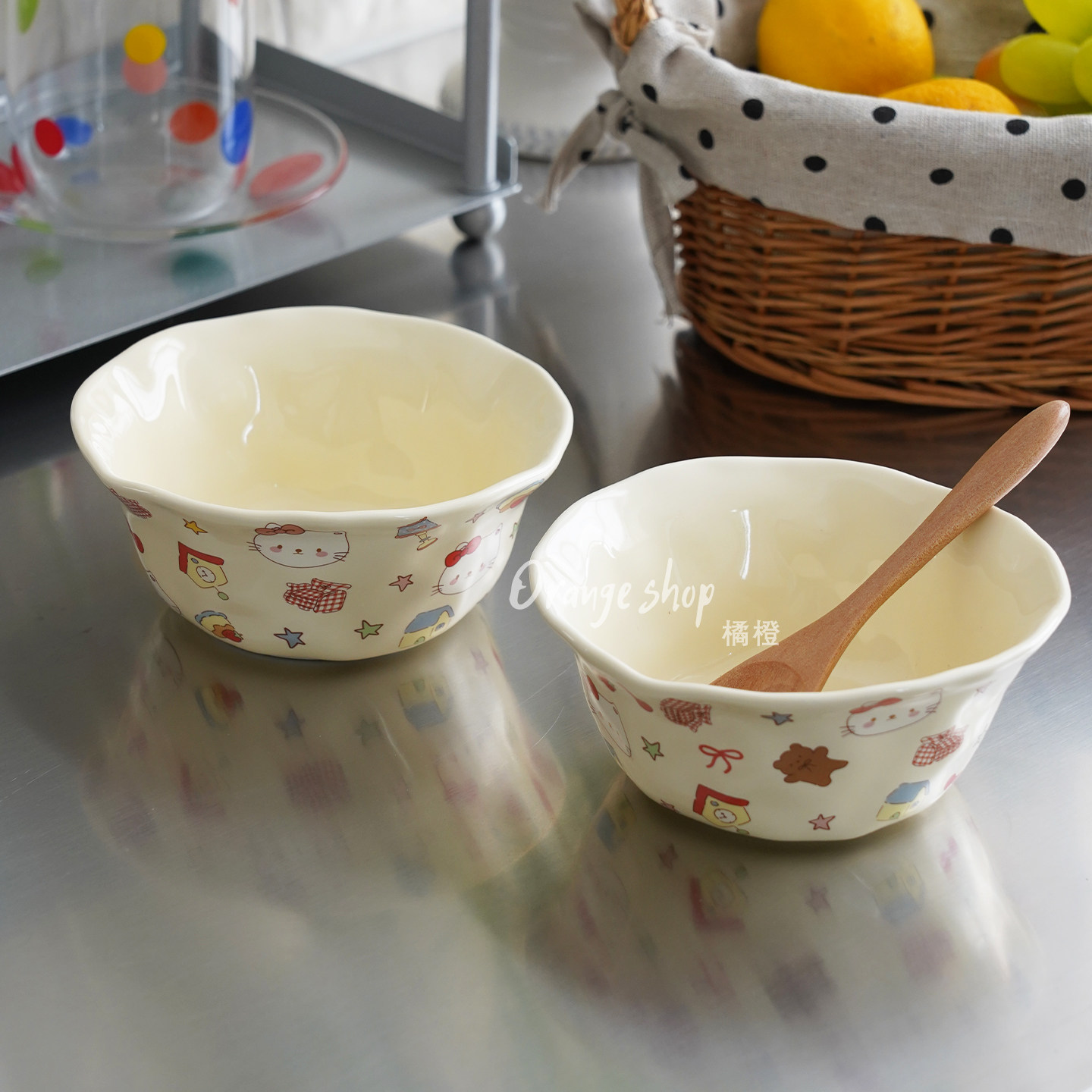 复古豹纹陶瓷碗卡通凯蒂猫花边碗可爱少女心简约风饭碗甜品碗家用