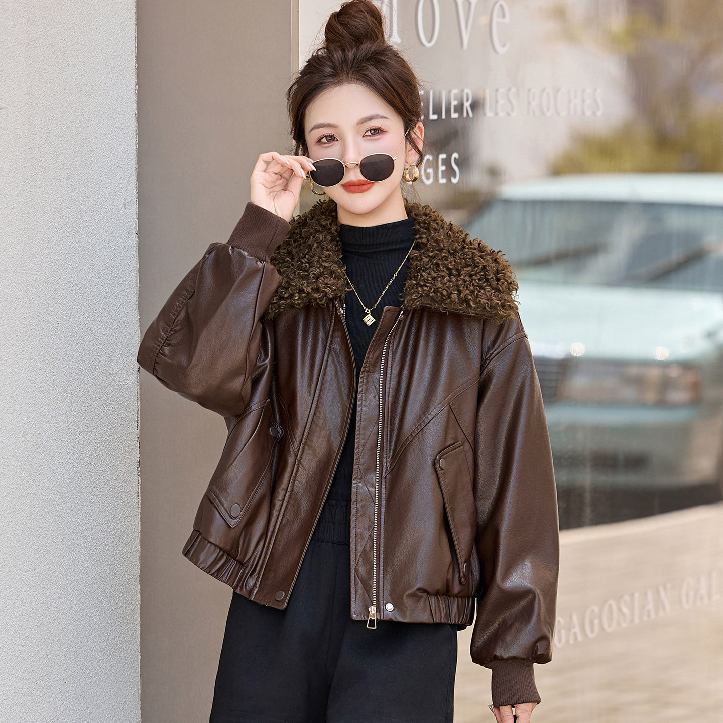 羊羔毛领短款加绒皮衣外套女秋冬新款小个子宽松百搭保暖夹克上衣,淘宝优惠券,粉丝福利购,淘宝优惠卷