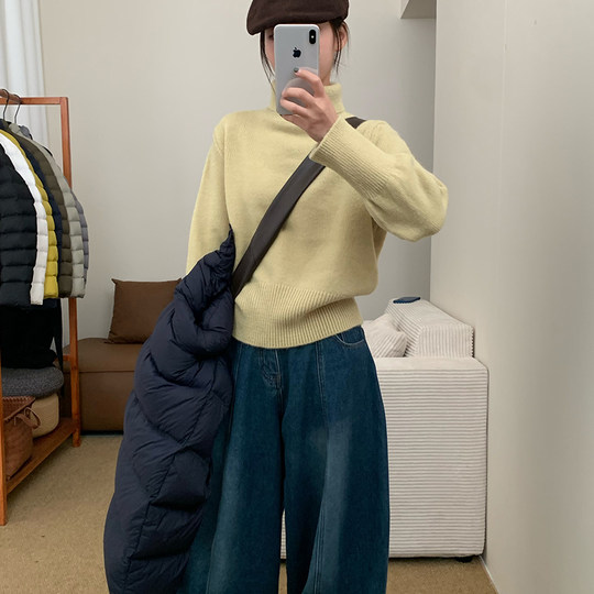 高领套头毛衣女2025年秋冬季慵懒风软糯宽松内搭堆堆领针织打底衫