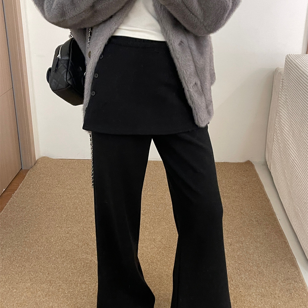 韩版设计感假两件休闲长裤女2025冬季新款可拆卸屁帘加绒微喇卫裤