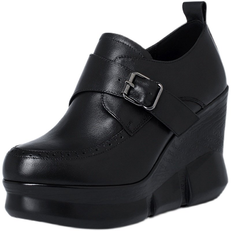 2025秋新款真皮坡跟单鞋女一脚蹬超高跟厚底深口英伦风气质小皮鞋,淘宝优惠券,粉丝福利购,淘宝优惠卷