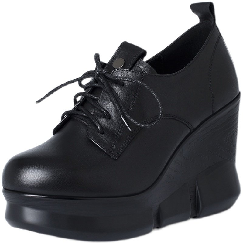 真皮系带厚底坡跟单鞋2025春秋新款百搭女鞋深口防水台高跟牛皮鞋,淘宝优惠券,粉丝福利购,淘宝优惠卷