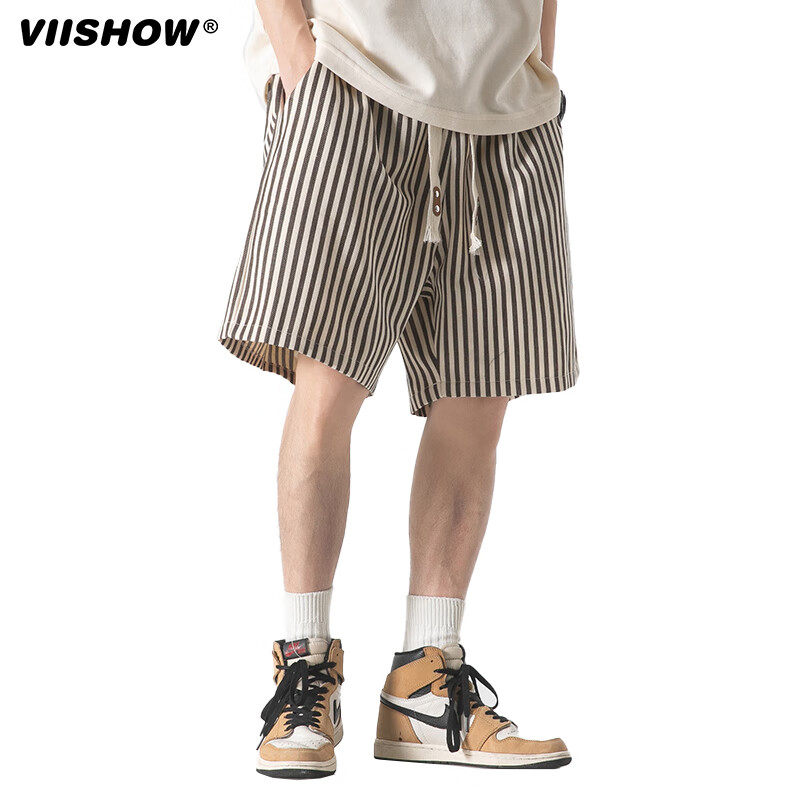 VIISHOW美式ins潮牌竖条纹短裤男夏季设计感五分裤日系休闲裤子男,淘宝优惠券,粉丝福利购,淘宝优惠卷
