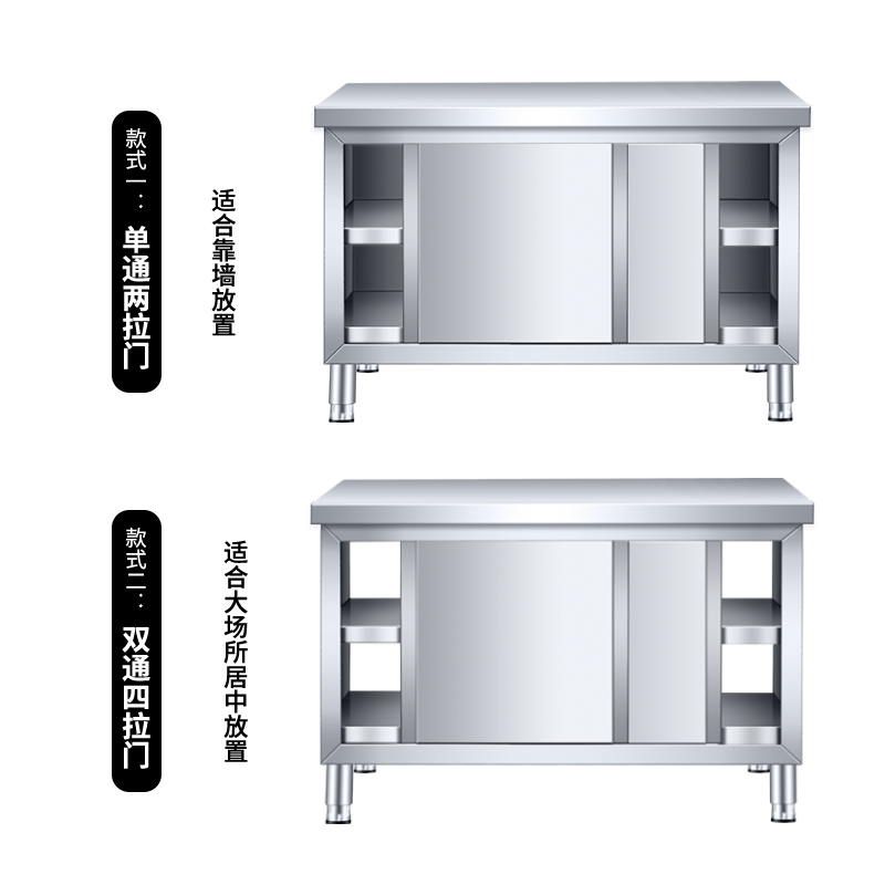 特厚不锈钢工作台厨房操作台面储物柜切菜桌子带拉门案板商用专用-图2