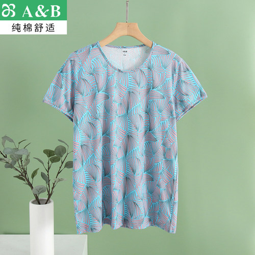 AB夏季新品纯棉女士家居服汗衫中老年宽松妈妈衫圆领印花短袖睡衣 - 图1