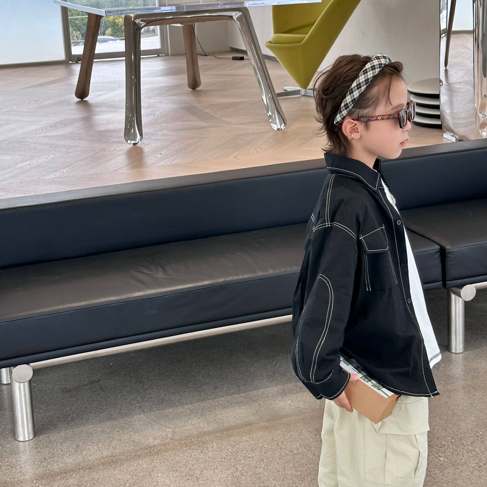 皮皮虾 男童衬衫外套上衣立领纯色内搭外穿春款新款百搭好穿潮服